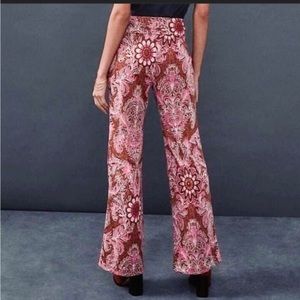 Anthropologie Maeve Pink Bronze Metallic Floral Paisley Wide Leg Flare Pants